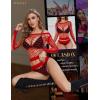imageRSLOVE Women Sexy Mesh Lingerie Fishnet Babydoll Free Size Bodysuit See Through Shirts Long SleeveRed