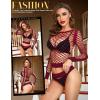 imageRSLOVE Women Sexy Mesh Lingerie Fishnet Babydoll Free Size Bodysuit See Through Shirts Long SleeveWine Red