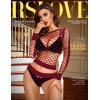 imageRSLOVE Women Sexy Mesh Lingerie Fishnet Babydoll Free Size Bodysuit See Through Shirts Long SleeveWine Red