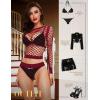 imageRSLOVE Women Sexy Mesh Lingerie Fishnet Babydoll Free Size Bodysuit See Through Shirts Long SleeveWine Red