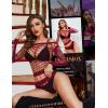 imageRSLOVE Women Sexy Mesh Lingerie Fishnet Babydoll Free Size Bodysuit See Through Shirts Long SleeveWine Red
