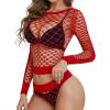 imageRSLOVE Women Sexy Mesh Lingerie Fishnet Babydoll Free Size Bodysuit See Through Shirts Long SleeveRed