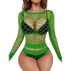 imageRSLOVE Women Sexy Mesh Lingerie Fishnet Babydoll Free Size Bodysuit See Through Shirts Long SleeveGreen