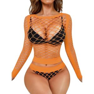 imageRSLOVE Women Sexy Mesh Lingerie Fishnet Babydoll Free Size Bodysuit See Through Shirts Long SleeveOrange