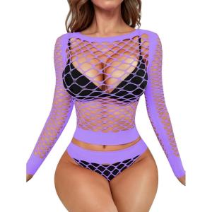imageRSLOVE Women Sexy Mesh Lingerie Fishnet Babydoll Free Size Bodysuit See Through Shirts Long SleevePurple