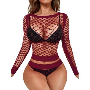 imageRSLOVE Women Sexy Mesh Lingerie Fishnet Babydoll Free Size Bodysuit See Through Shirts Long SleeveWine Red