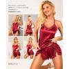 imageRSLOVE Women Pajama Set Sleepwear  Satin Pajamas Silk V Neck Cami and Shorts Pjs 2 Piece Womens Sexy Lace Lounge NightwearRed