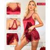 imageRSLOVE Women Pajama Set Sleepwear  Satin Pajamas Silk V Neck Cami and Shorts Pjs 2 Piece Womens Sexy Lace Lounge NightwearRed