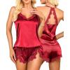 imageRSLOVE Women Pajama Set Sleepwear  Satin Pajamas Silk V Neck Cami and Shorts Pjs 2 Piece Womens Sexy Lace Lounge NightwearRed