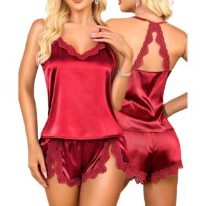 imageRSLOVE Women Pajama Set Sleepwear  Satin Pajamas Silk V Neck Cami and Shorts Pjs 2 Piece Womens Sexy Lace Lounge NightwearRed