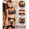 imageRSLOVE Lingerie Sets for Women Sexy  Floral Lace Underwire Removable Choker Garter Belt Sheer Bra and Panty SetBlack