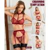 imageRSLOVE Lingerie Sets for Women Sexy  Floral Lace Underwire Removable Choker Garter Belt Sheer Bra and Panty SetWine Red