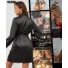 imageRSLOVE Womens Satin Sleepwear Set  2 Piece Lace Cami Nightgown and Long Sleeve Robe Sexy Silk Pajamas Lingerie for WomenBlack