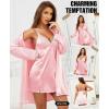 imageRSLOVE Womens Satin Sleepwear Set  2 Piece Lace Cami Nightgown and Long Sleeve Robe Sexy Silk Pajamas Lingerie for WomenPink