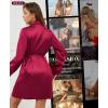 imageRSLOVE Womens Satin Sleepwear Set  2 Piece Lace Cami Nightgown and Long Sleeve Robe Sexy Silk Pajamas Lingerie for WomenWine Red