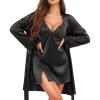 imageRSLOVE Womens Satin Sleepwear Set  2 Piece Lace Cami Nightgown and Long Sleeve Robe Sexy Silk Pajamas Lingerie for WomenBlack