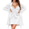 imageRSLOVE Womens Satin Sleepwear Set  2 Piece Lace Cami Nightgown and Long Sleeve Robe Sexy Silk Pajamas Lingerie for WomenWhite