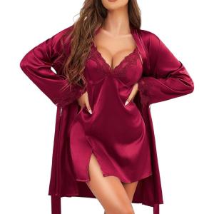 imageRSLOVE Womens Satin Sleepwear Set  2 Piece Lace Cami Nightgown and Long Sleeve Robe Sexy Silk Pajamas Lingerie for WomenWine Red
