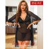 imageRSLOVE Women Sexy Lingerie Set  3 Piece Babydoll ampamp Lace Kimono Robe Strap Chemise Nightgown Mesh SleepwearBlack