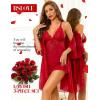 imageRSLOVE Women Sexy Lingerie Set  3 Piece Babydoll ampamp Lace Kimono Robe Strap Chemise Nightgown Mesh SleepwearWine Red