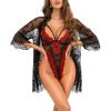 imageRSLOVE Sexy Womens Lingerie Set  2 Piece Lace Kimono Robe with Lace Teddy Lingerie Bodysuit SexyBlackred