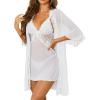 imageRSLOVE Women Sexy Lingerie Set  3 Piece Babydoll ampamp Lace Kimono Robe Strap Chemise Nightgown Mesh SleepwearWhite