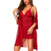 imageRSLOVE Women Sexy Lingerie Set  3 Piece Babydoll ampamp Lace Kimono Robe Strap Chemise Nightgown Mesh SleepwearWine Red