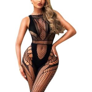 imageRSLOVE Sexy Lingerie Exotic Bodystocking  Fishnet Cut Out Lingerie Mesh Bodysuit One Piece Babydoll Rave OutfitsBlack