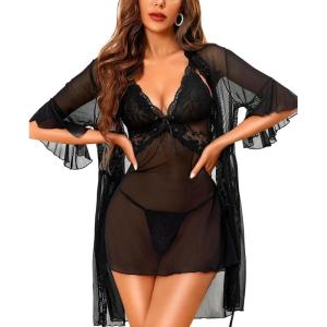 imageRSLOVE Women Sexy Lingerie Set  3 Piece Babydoll ampamp Lace Kimono Robe Strap Chemise Nightgown Mesh SleepwearBlack