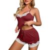 imageRSLOVE Womens Sexy Pajamas Sets Lace Trim Cami Shorts Sets PJ Set Lounge Set SleepwearWine Red