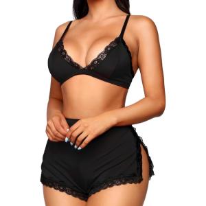 imageRSLOVE Sexy Pajamas for Women Soft Lingerie Set Lace Trim Sleepwear 2 piece Pjs Shorts SetBlack