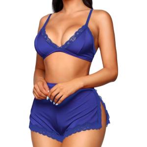imageRSLOVE Sexy Pajamas for Women Soft Lingerie Set Lace Trim Sleepwear 2 piece Pjs Shorts SetBlue