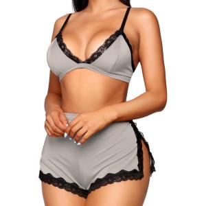 imageRSLOVE Sexy Pajamas for Women Soft Lingerie Set Lace Trim Sleepwear 2 piece Pjs Shorts SetGray