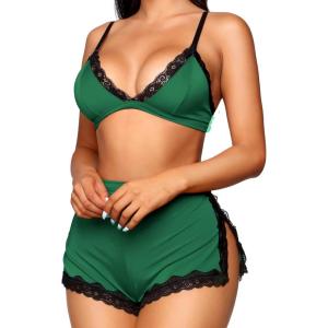 imageRSLOVE Sexy Pajamas for Women Soft Lingerie Set Lace Trim Sleepwear 2 piece Pjs Shorts SetGreen