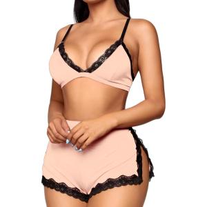 imageRSLOVE Sexy Pajamas for Women Soft Lingerie Set Lace Trim Sleepwear 2 piece Pjs Shorts SetPink