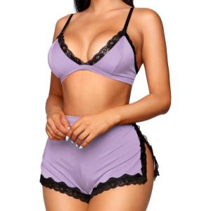 imageRSLOVE Sexy Pajamas for Women Soft Lingerie Set Lace Trim Sleepwear 2 piece Pjs Shorts SetPurple