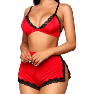 imageRSLOVE Sexy Pajamas for Women Soft Lingerie Set Lace Trim Sleepwear 2 piece Pjs Shorts SetRed