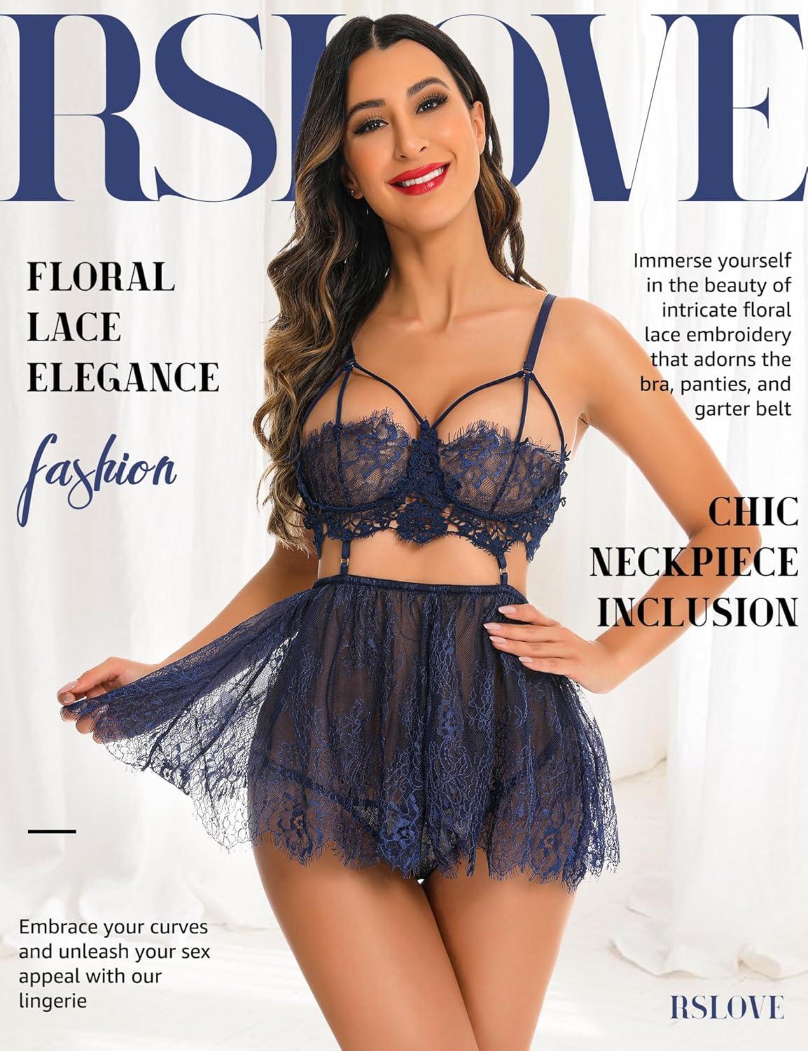 imageRSLOVE Lingerie for Women Lace Babydoll Chemise Sexy High Waisted Nightdress Sleepwear SetBlue