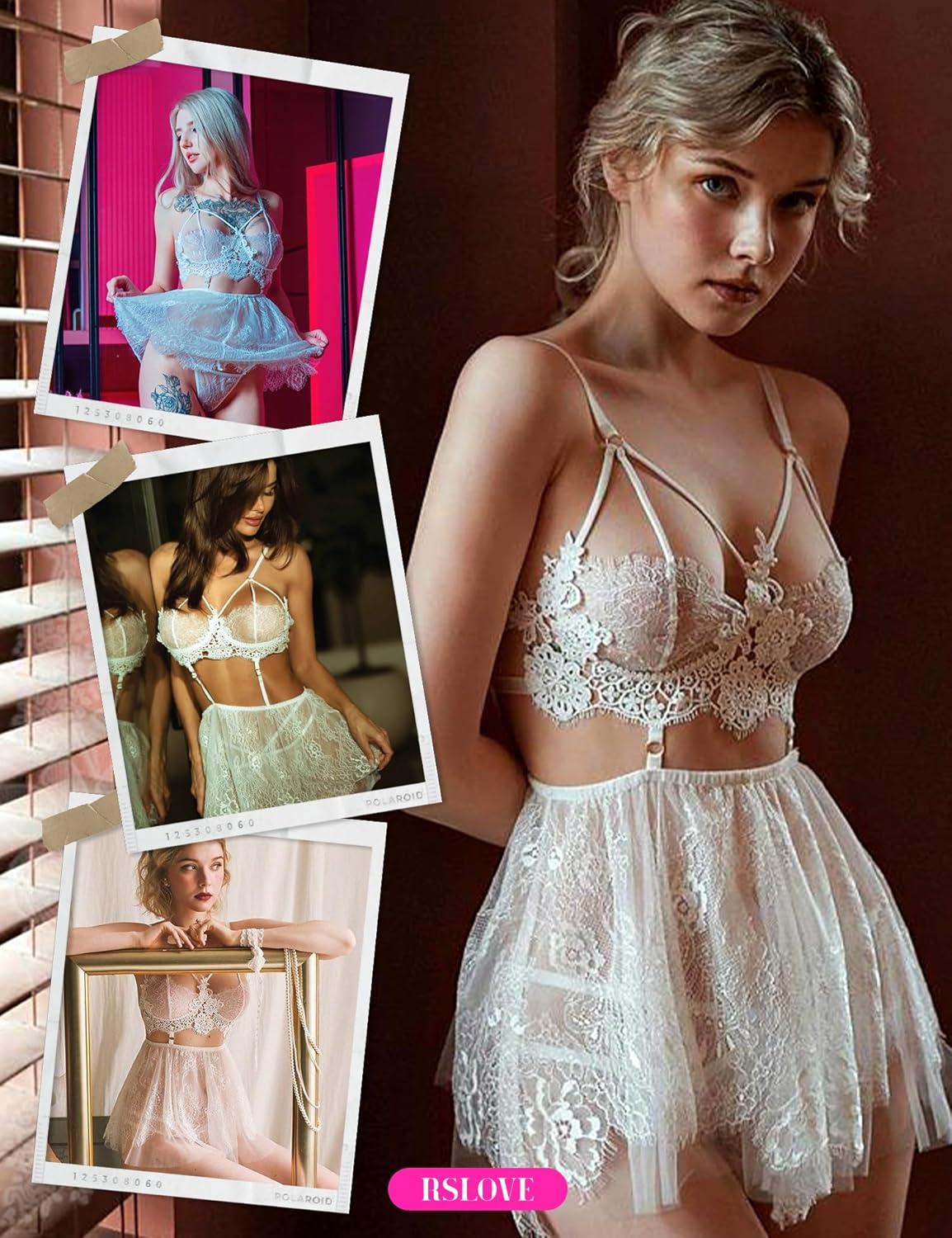 imageRSLOVE Lingerie for Women Lace Babydoll Chemise Sexy High Waisted Nightdress Sleepwear SetWhite