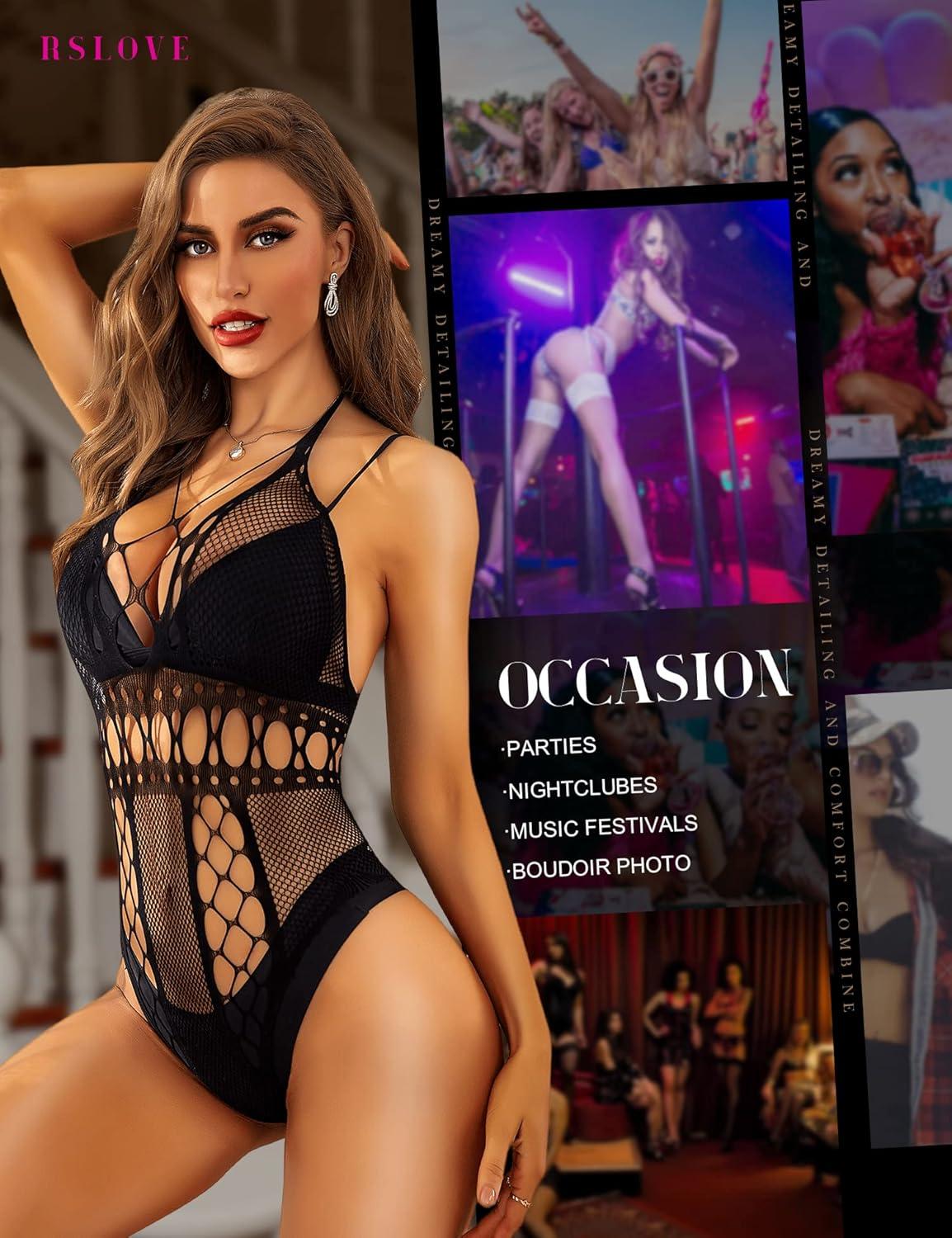 imageRSLOVE Lingerie for Women Sexy Lace Bodysuit Fishnet Teddy One Piece Deep V Mesh BabydollBlack