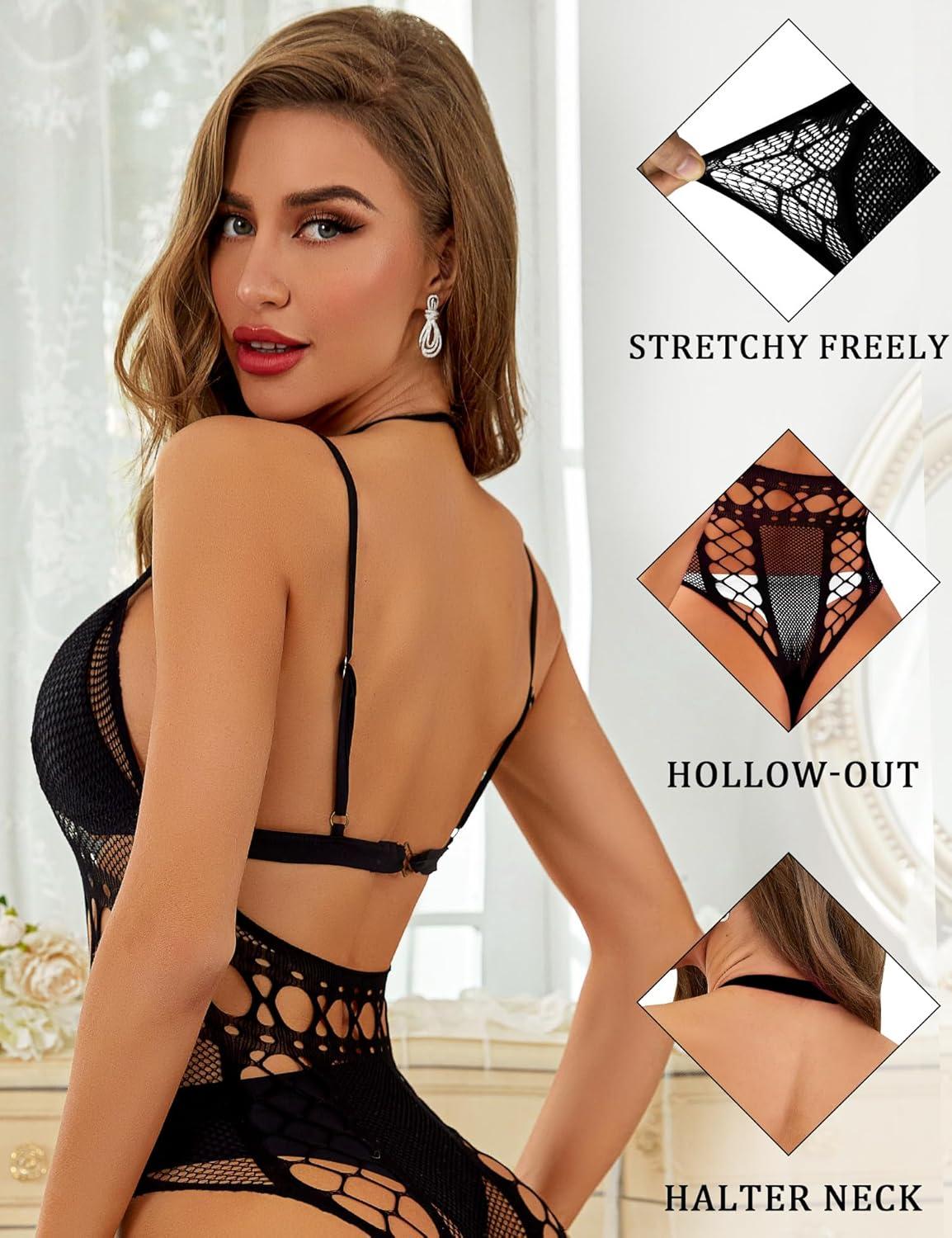 imageRSLOVE Lingerie for Women Sexy Lace Bodysuit Fishnet Teddy One Piece Deep V Mesh BabydollBlack