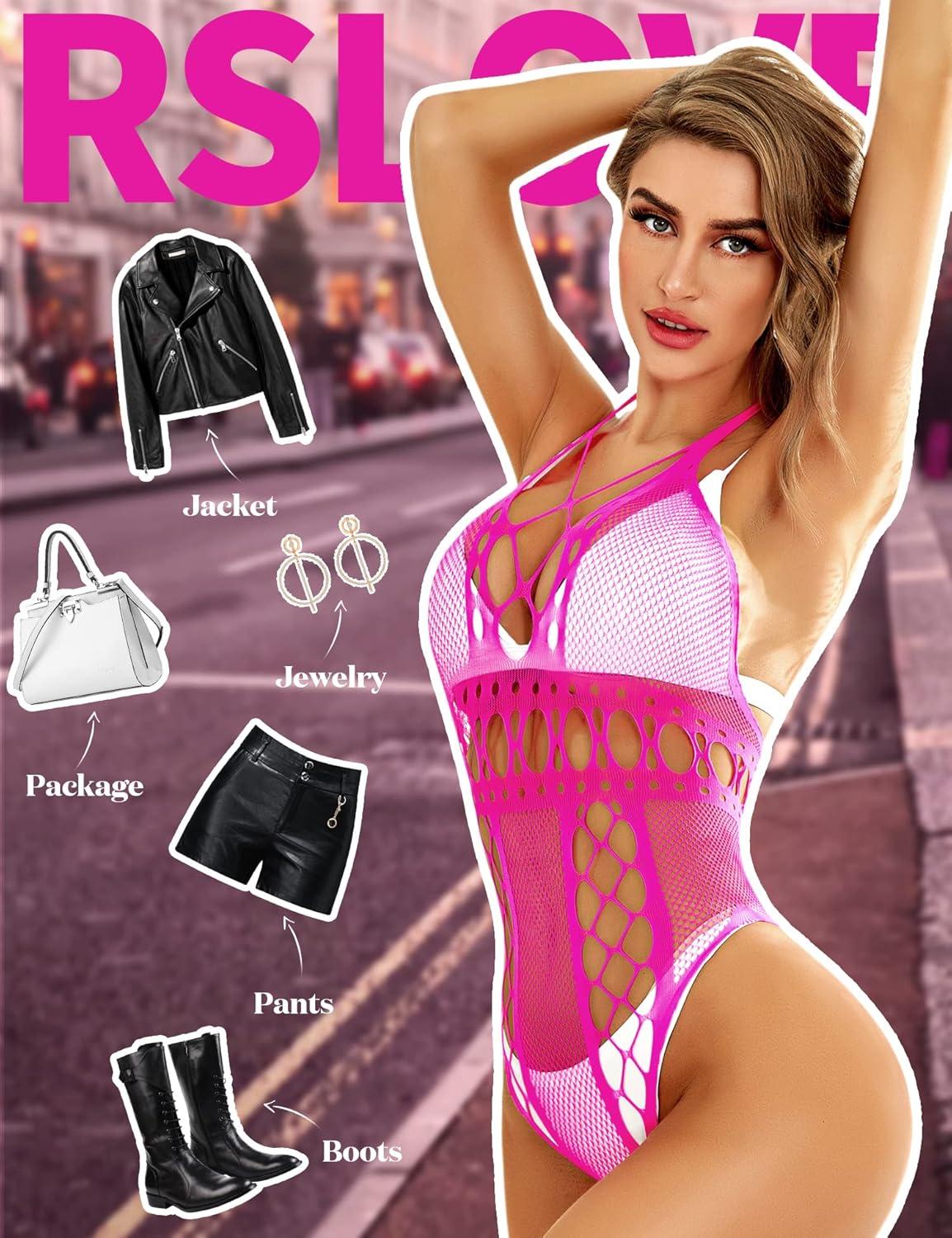imageRSLOVE Lingerie for Women Sexy Lace Bodysuit Fishnet Teddy One Piece Deep V Mesh BabydollFluorescent Pink