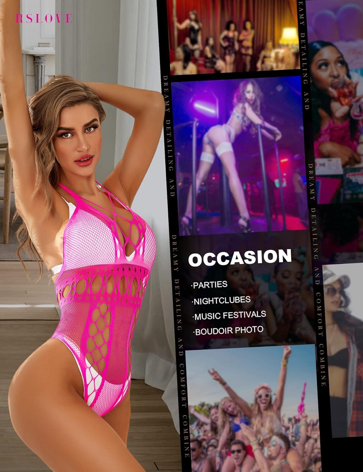 imageRSLOVE Lingerie for Women Sexy Lace Bodysuit Fishnet Teddy One Piece Deep V Mesh BabydollFluorescent Pink