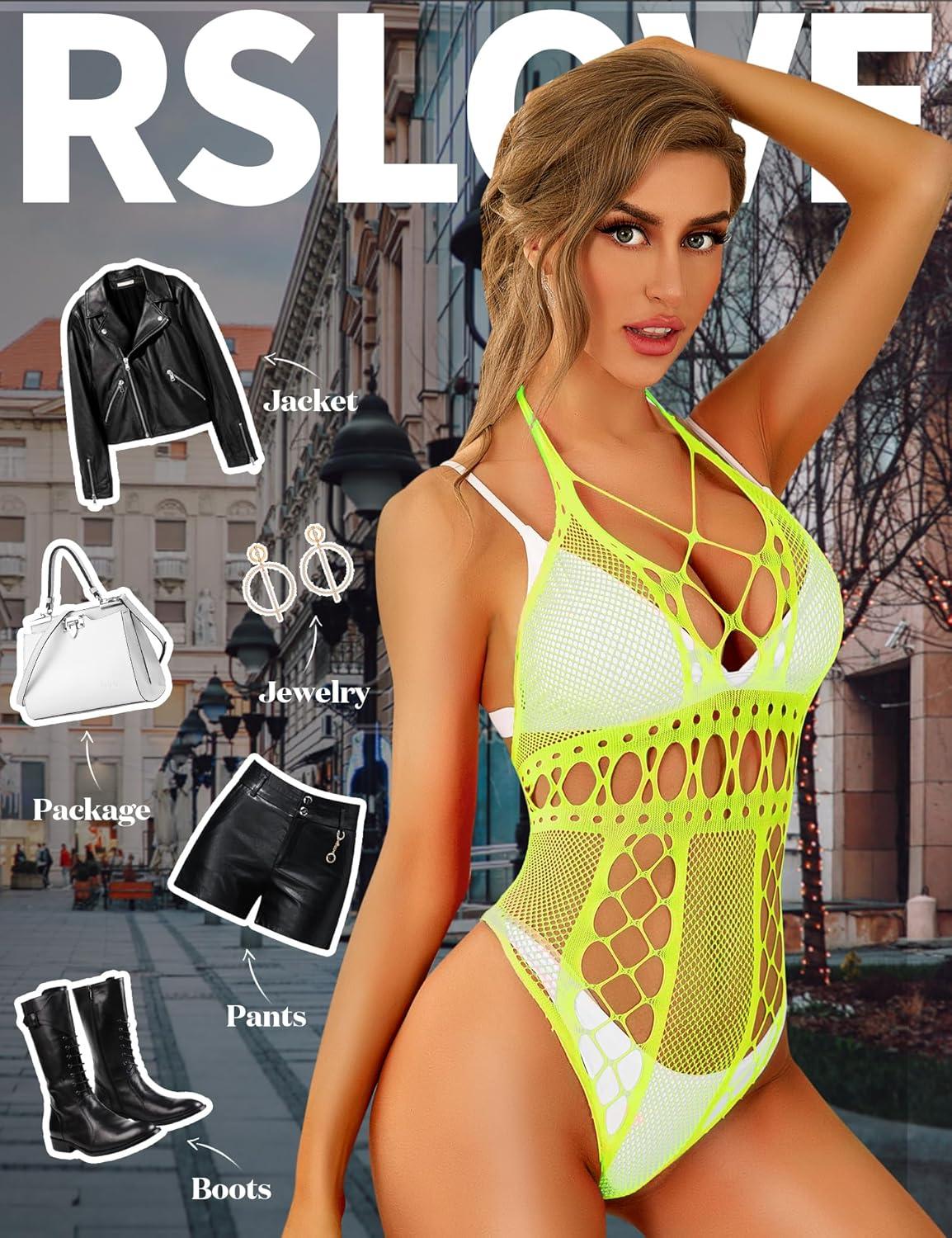 imageRSLOVE Lingerie for Women Sexy Lace Bodysuit Fishnet Teddy One Piece Deep V Mesh BabydollFluorescent Yellow