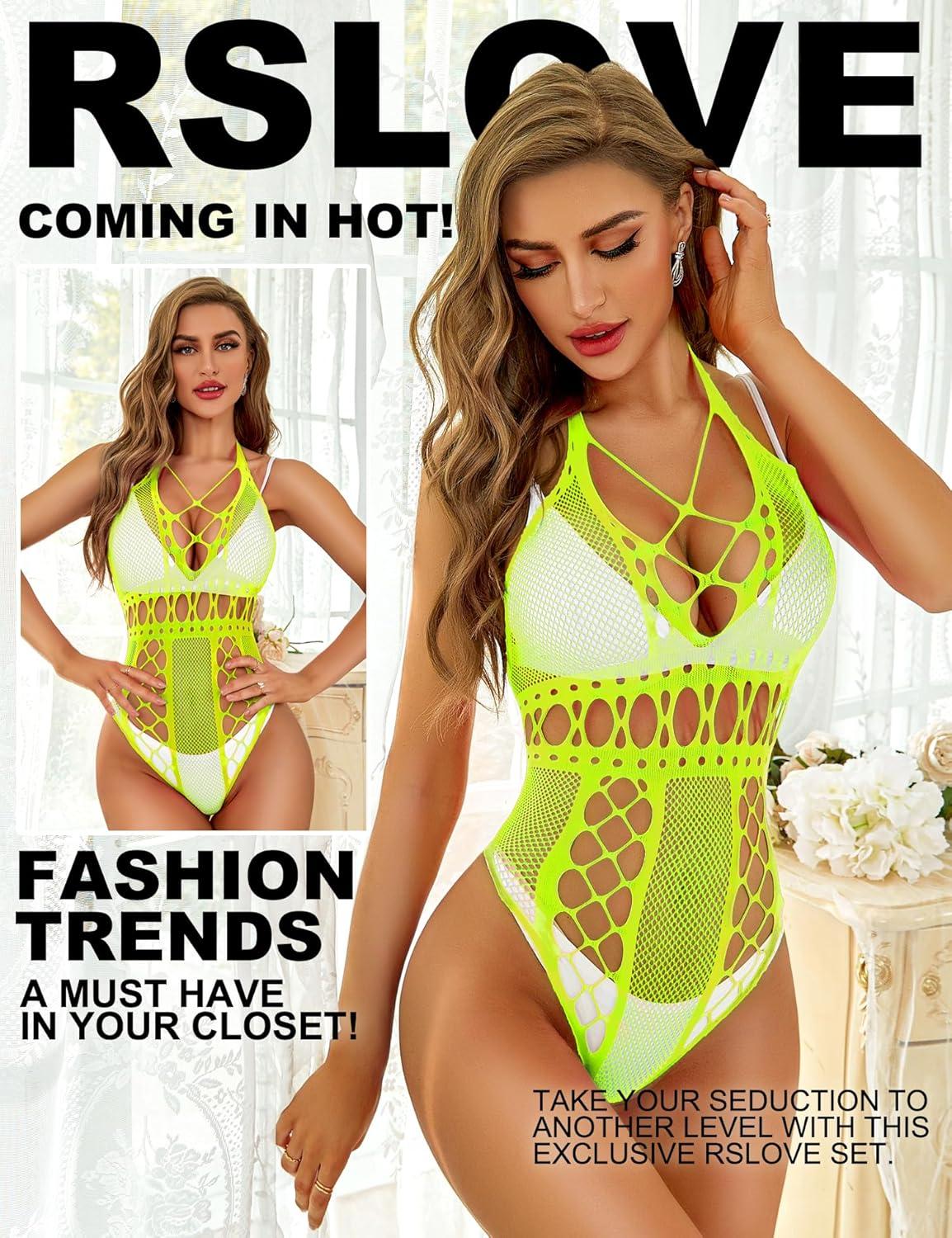 imageRSLOVE Lingerie for Women Sexy Lace Bodysuit Fishnet Teddy One Piece Deep V Mesh BabydollFluorescent Yellow