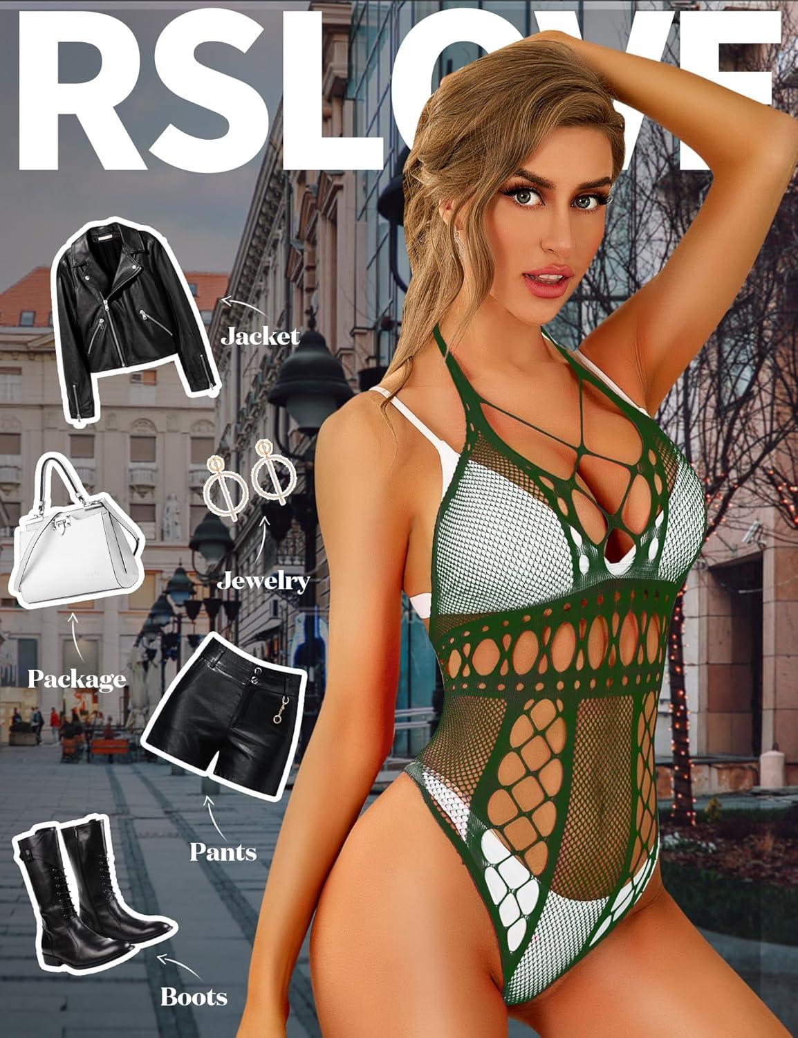 imageRSLOVE Lingerie for Women Sexy Lace Bodysuit Fishnet Teddy One Piece Deep V Mesh BabydollGreen