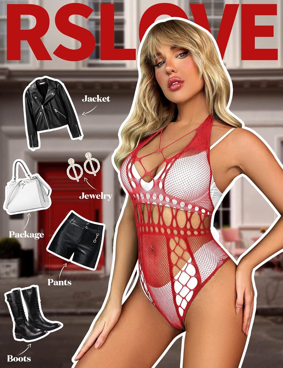 imageRSLOVE Lingerie for Women Sexy Lace Bodysuit Fishnet Teddy One Piece Deep V Mesh BabydollRed