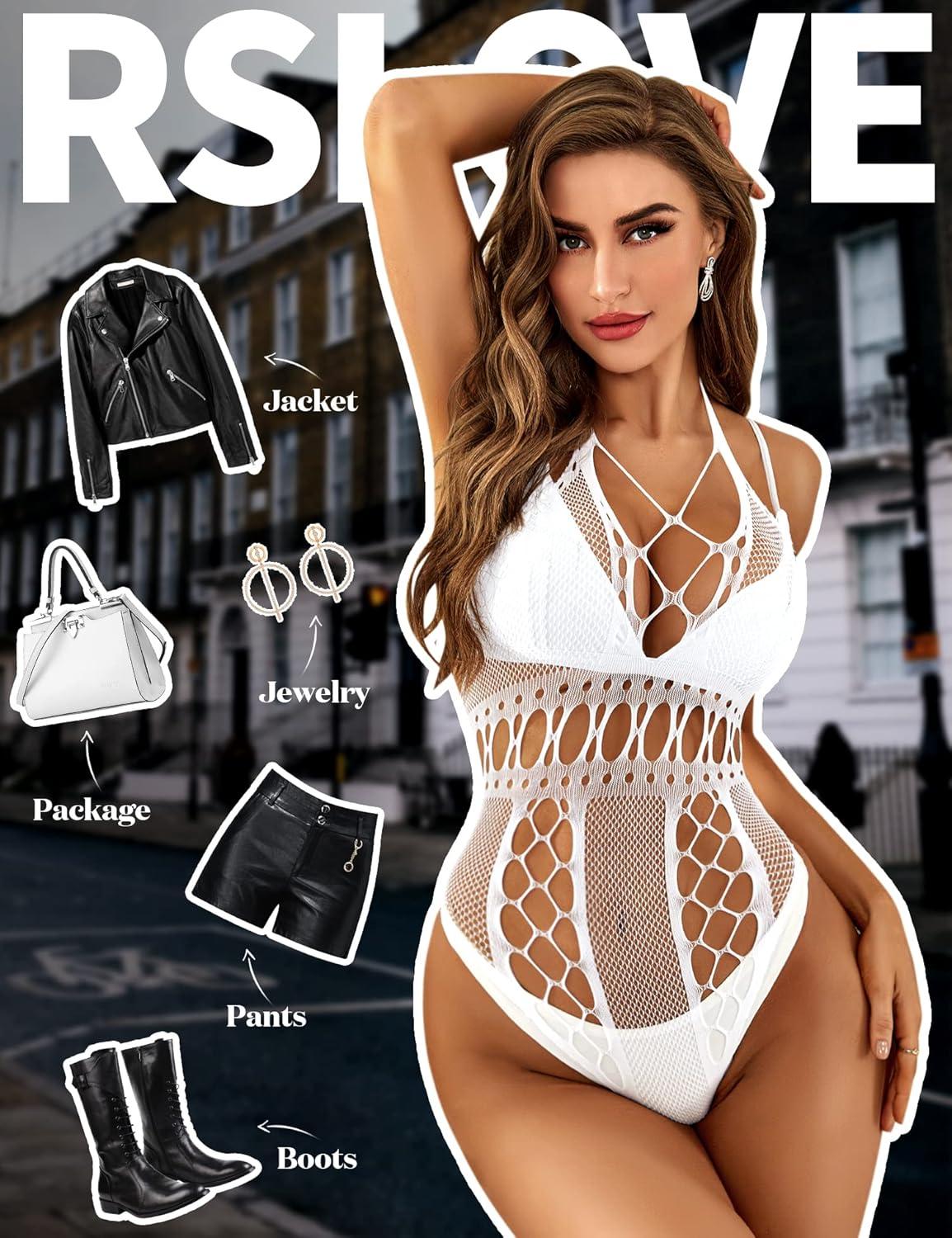 imageRSLOVE Lingerie for Women Sexy Lace Bodysuit Fishnet Teddy One Piece Deep V Mesh BabydollWhite