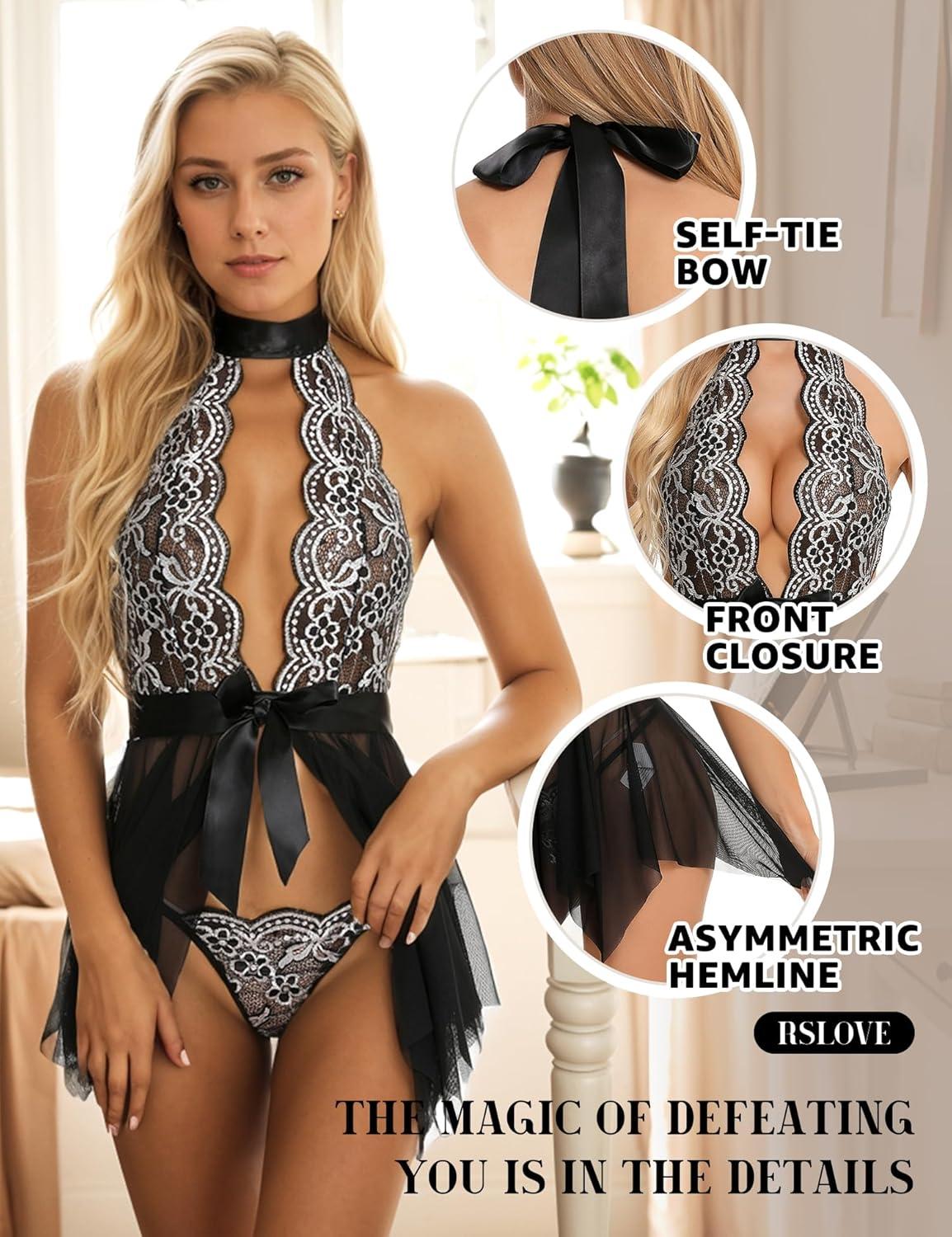 imageRSLOVE Women Lingerie Lace Babydoll Sexy Chemise Halter Teddy Mesh Sleepwear Boudoir OutfitsBlack