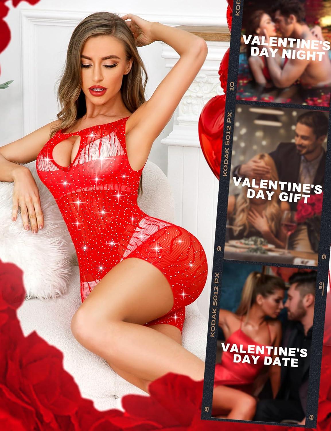 imageRSLOVE Women Lingerie Sexy Fishnet Bodysuit Sparkle Rhinestone Teddy One Piece Cut Out Romper without LinerRed